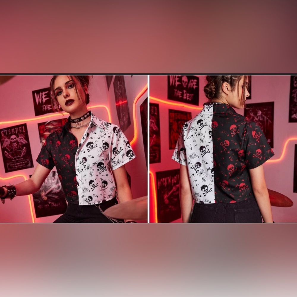ROMWE Grunge Goth Punk Two Tone Skeleton Print Button Down Shirt Sz M